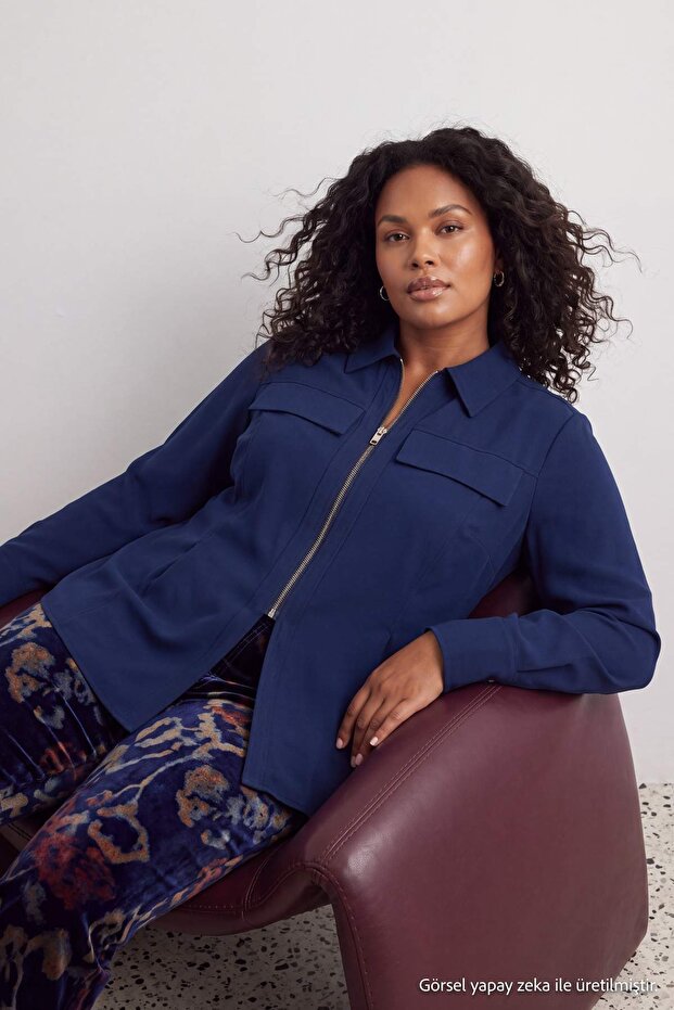 Navy Blue Zippered Pocket Woven Oversized Shirt Tbbaw27Ax00008