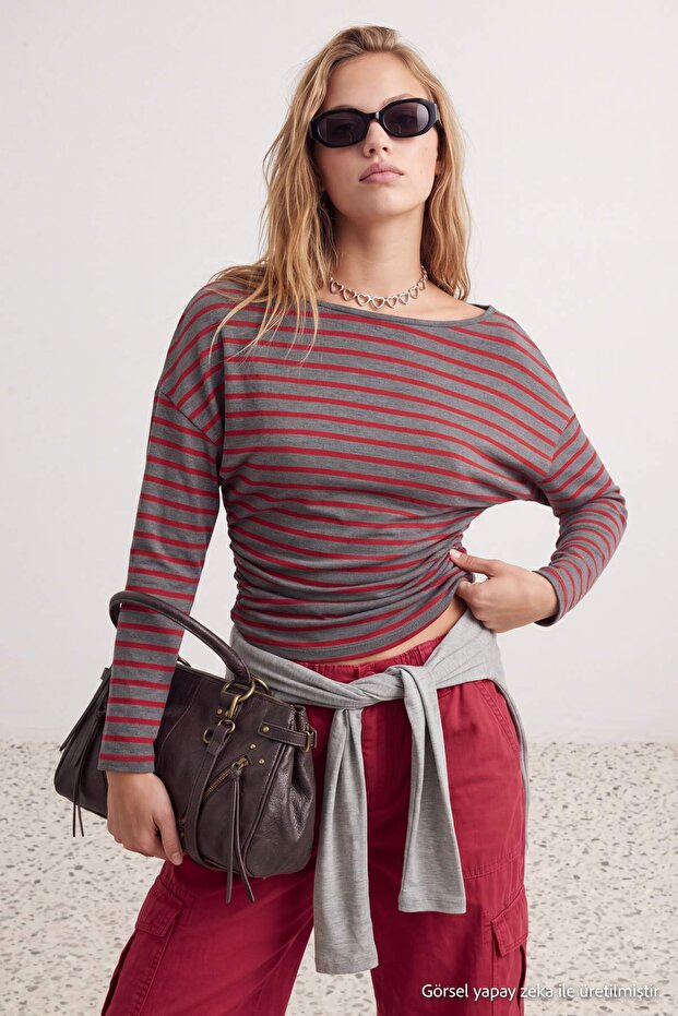 Anthracite-Red Striped Asymmetrical Collar Gathered Waist Knitted T-Shirt Twoaw27Ts00054