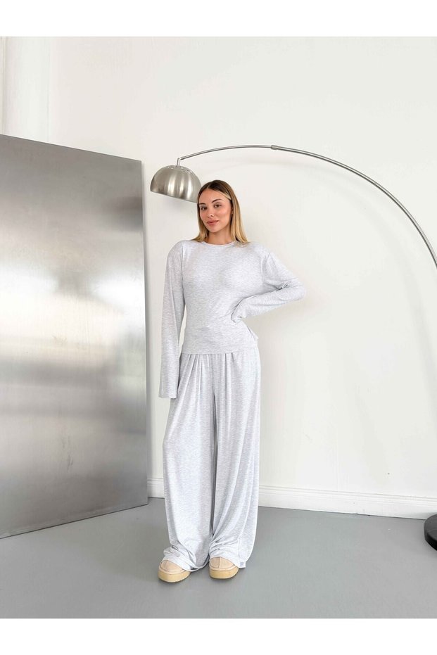 Combed Cotton Fabric Padded Top with Tie Detail at the Waist & Wide Leg Pants Set