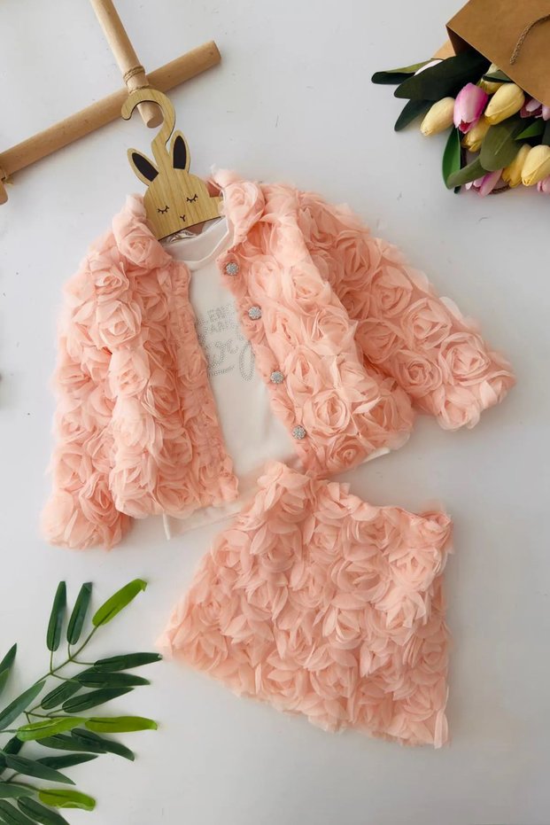 My Little One's Cicileri Rose Detailed 3-Piece Girl's Set - Salmon