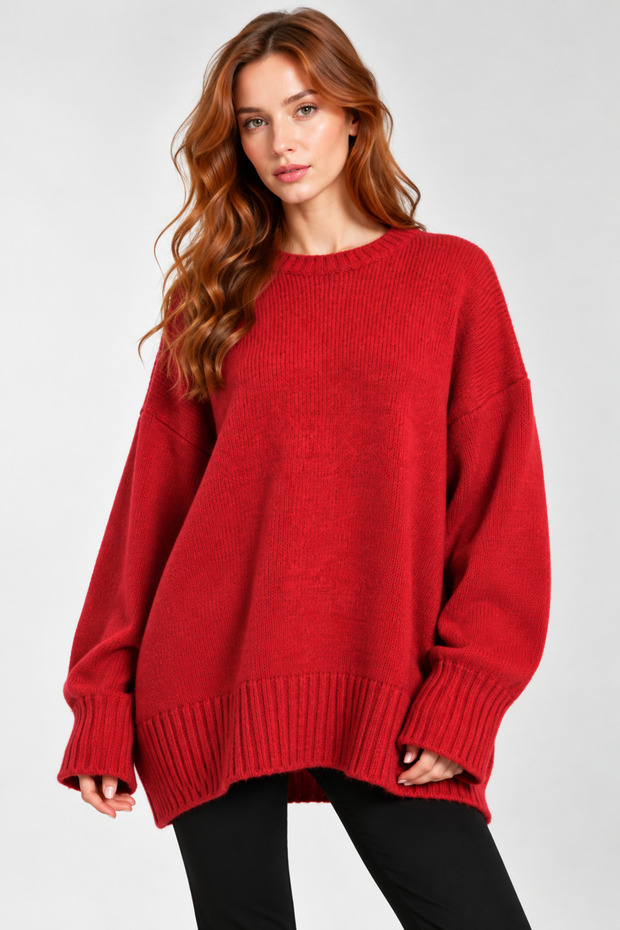 Oversize Basic Red Long Women's Sweater