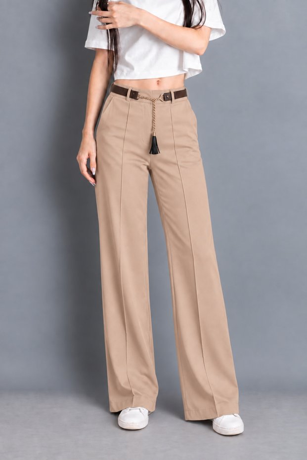 Women's High Waist Belted Front-Embellished Seasonal Wide-Letteed Fabric Pants