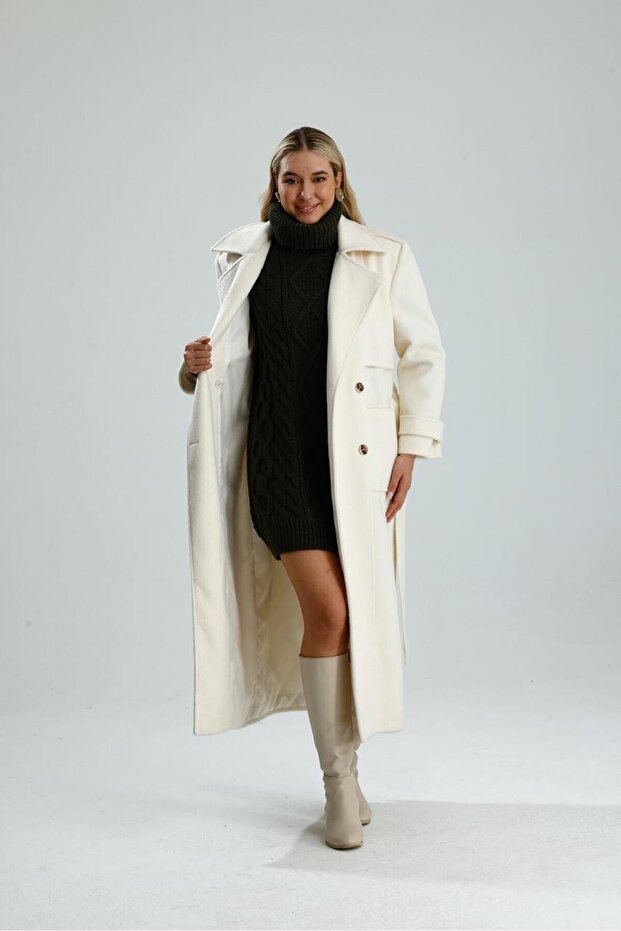 Disere Women's Long Ecru Lined Coat with Waist Belt