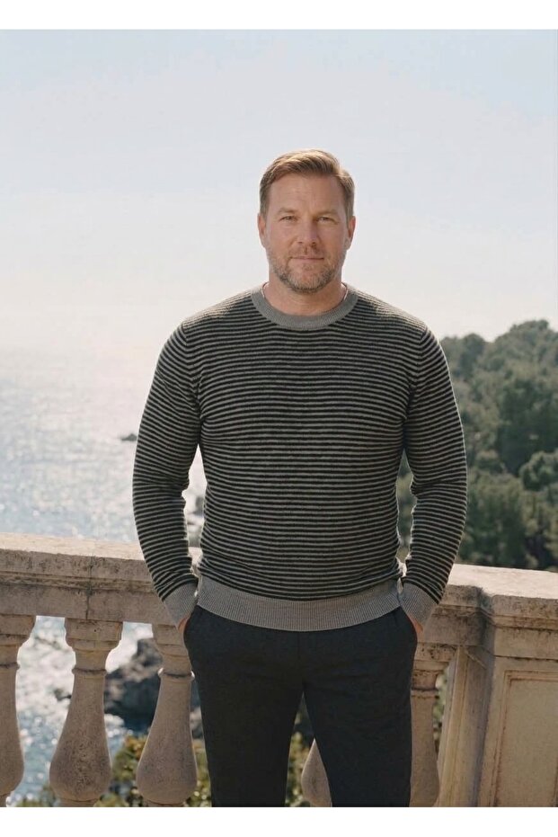 Men's Battal Zero Collar Tricot Sweater with Elastic Waist, Steel Knitting, Classic Fit