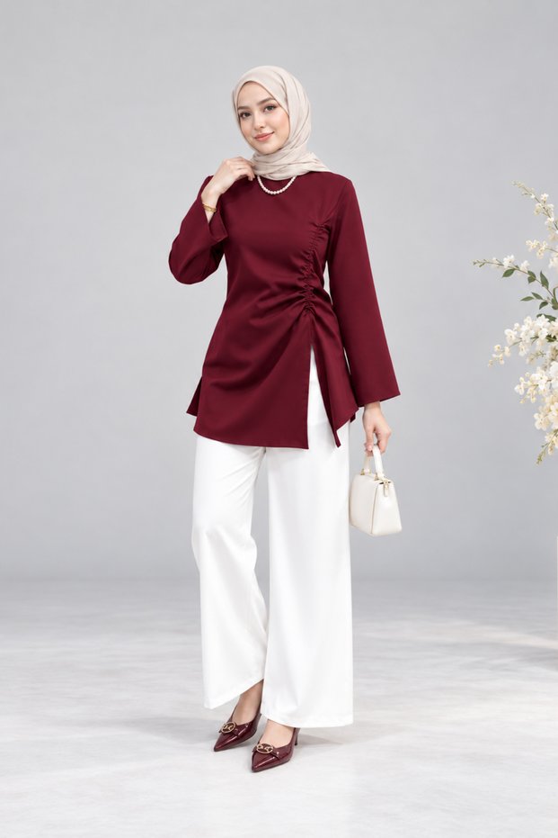 Asel Gathered Asymmetrical Blouse Burgundy