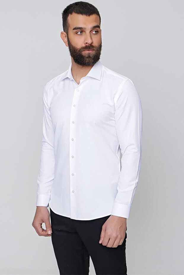 Slim Fit Cotton Satin Classic White Shirt Gk 604