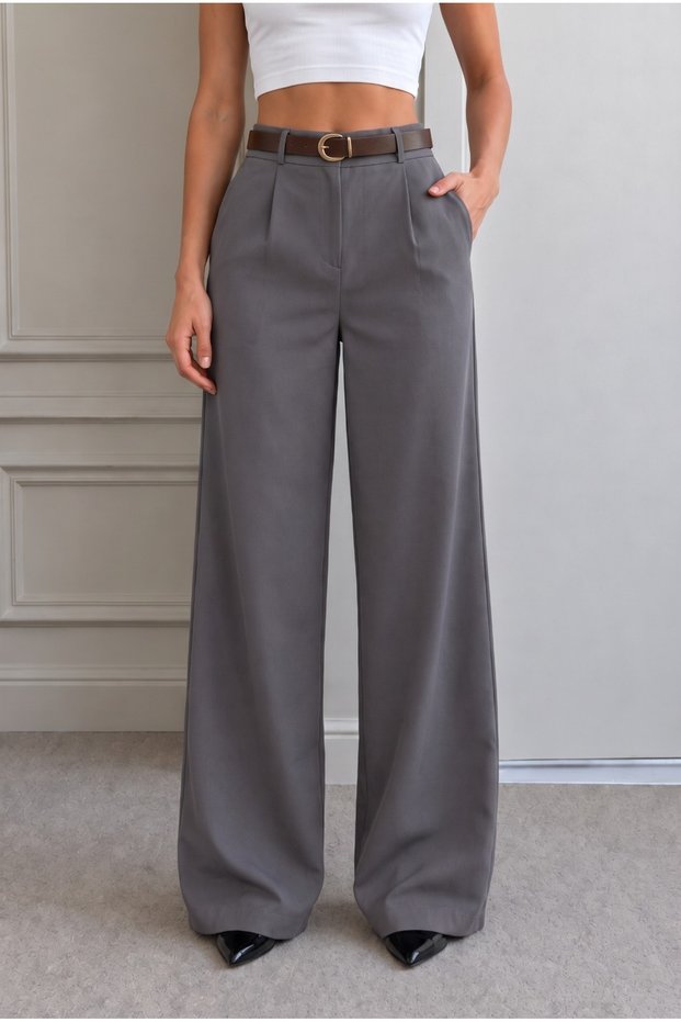 Women's High Waist Belt Detailed Elastic Waist Loose Palazzo Fabric Trousers