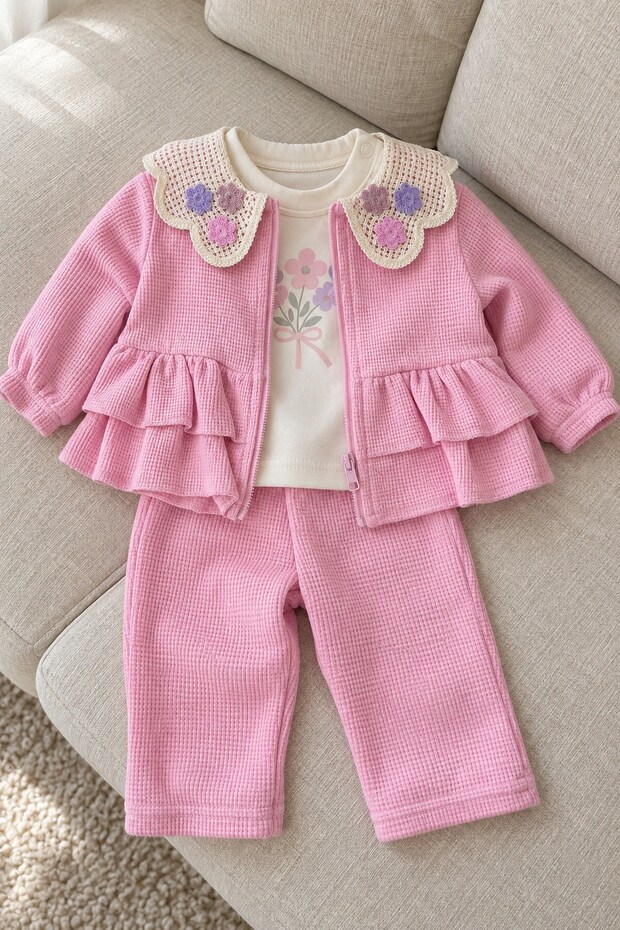 Baby Girl 3-Piece Set Floral Knitted Collar Ruffle Jacket Top and Bottom 3-Piece Set 6-9-12-18-24 Months