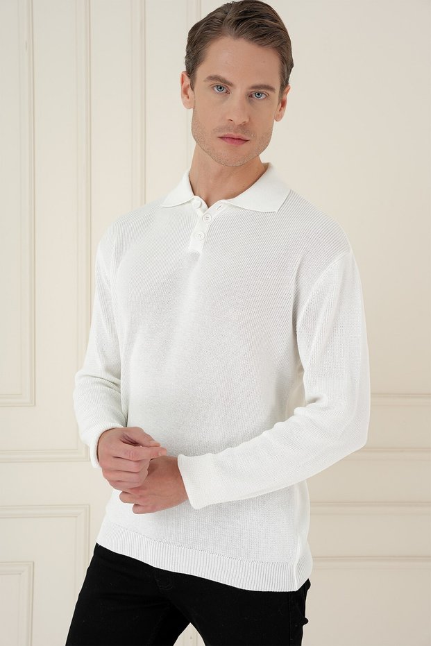 Ribbed Woven Buttoned Polo Neck Ecru Knitwear Sweater Tr 887