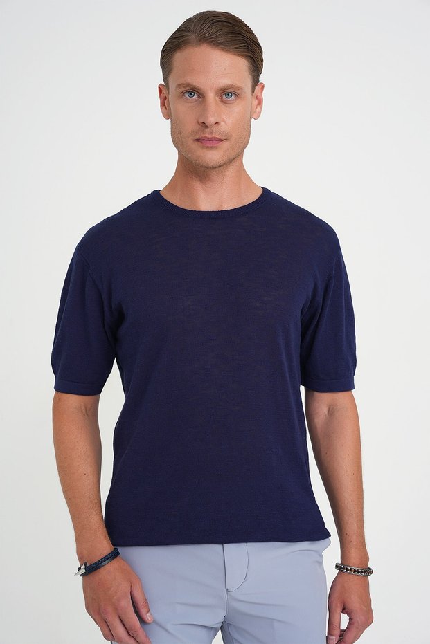 Comfort Fit Crew Neck Short Sleeve Sports Navy Blue Knitwear Tr 881