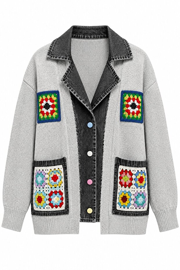 Gray Cardigan with Embroidered Pockets and Denim Detail