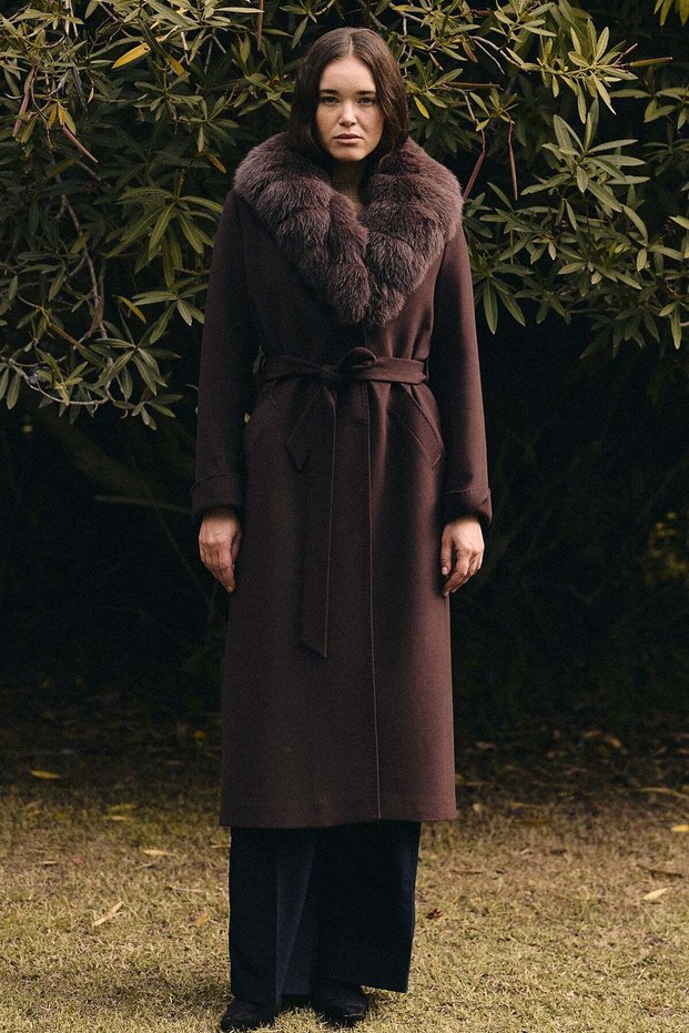 Detachable Fur Belted Long Cashmere Coat K. Brown 3133-Tk