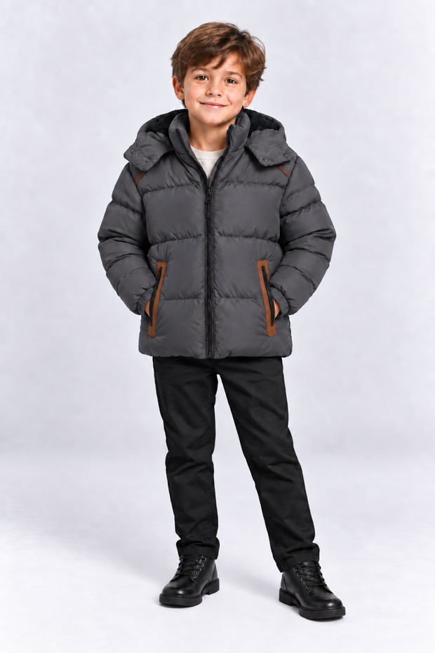 Boy's Hooded Inflatable Coat with Zipper Pockets Winter Coat Anthracite Black Mink Ak4257