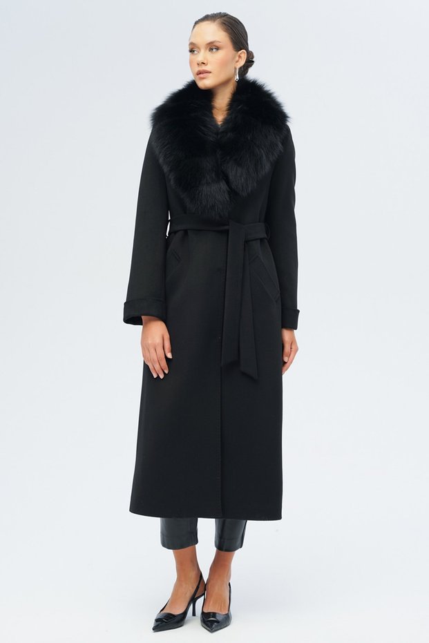 Detachable Fur Belted Long Cashmere Coat Black 3133-Tk