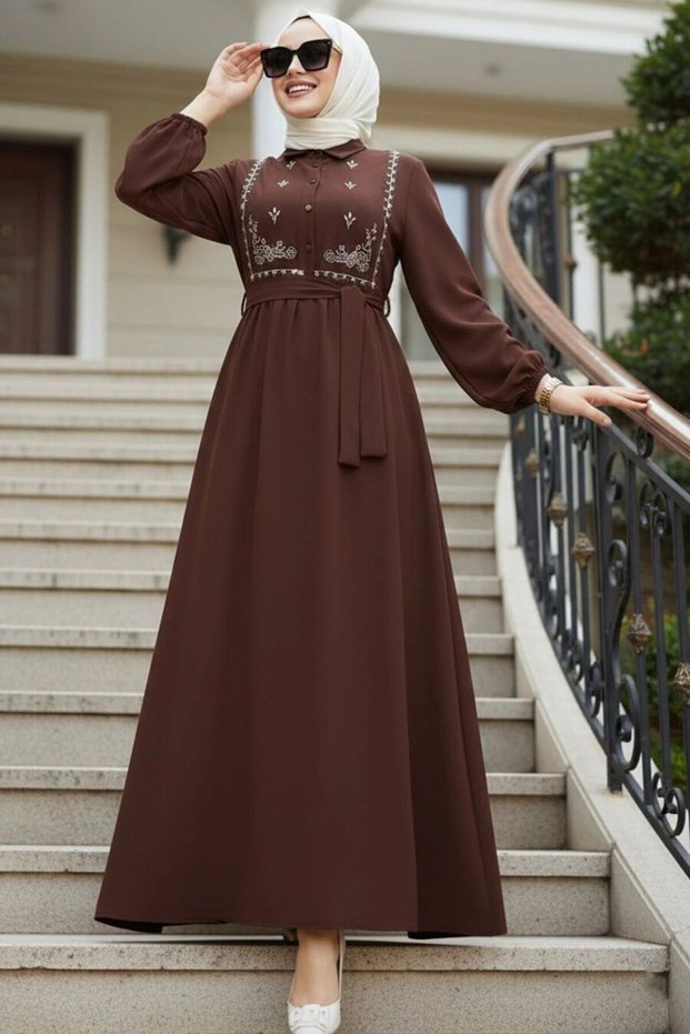 Pattern Detailed Brown Hijab Dress 10304Kh
