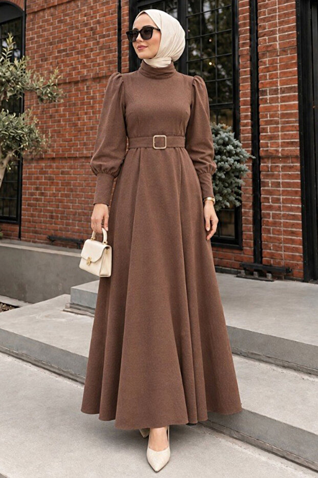 Belted Shoulder Detailed Double Mink Hijab Dress 15602V