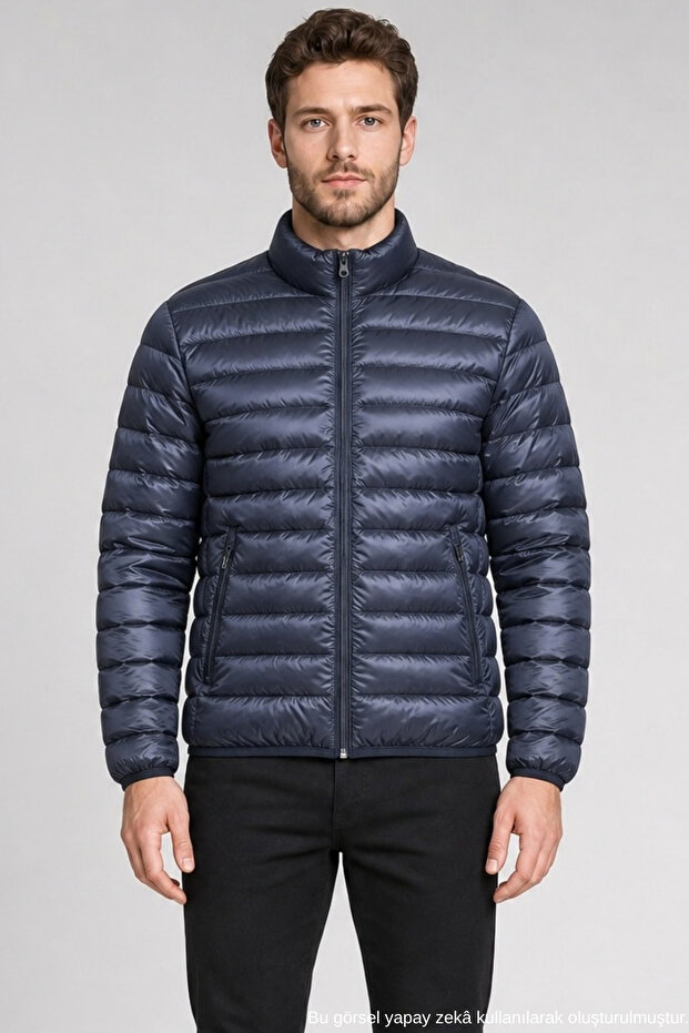 Men's Navy Blue Water and Wind Resistant Lightweight down Jacket with Internal Pocket and Zipper
