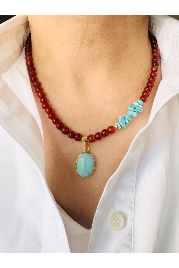 Turquoise and Agate Natural Stone Necklace 48 cm