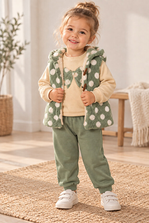 Girl's Hooded Plush Vest, Patterned Sweatshirt and Sweatpants 3-Piece Set