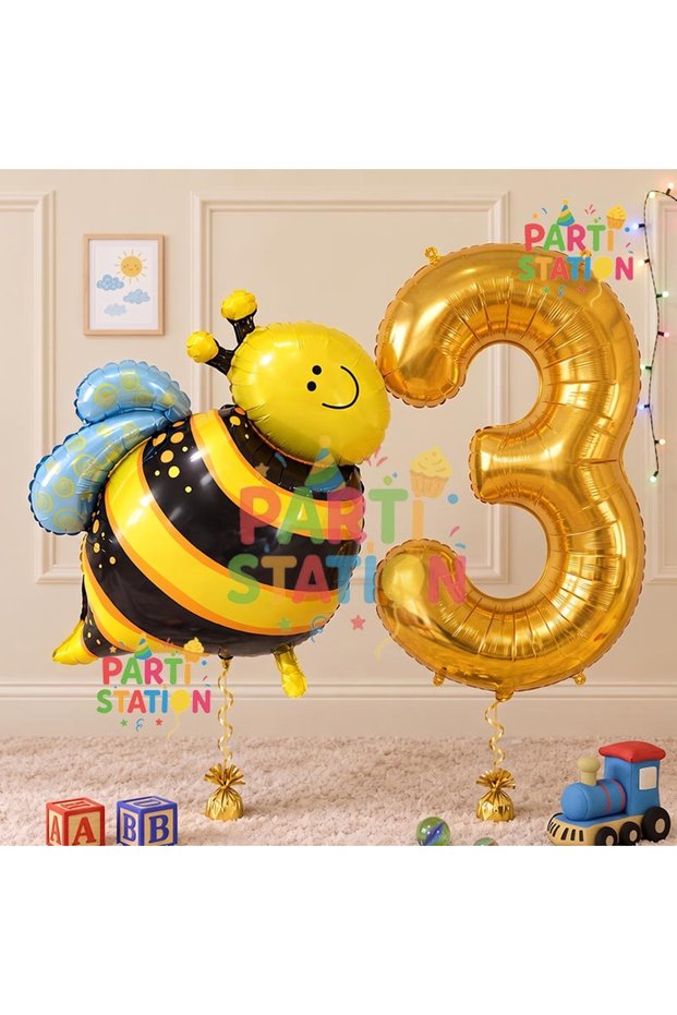Bee Bee Concept 3 Years Old Balloon Set Bee Balloon and Gold Number Balloon Birthday Balloon Set
