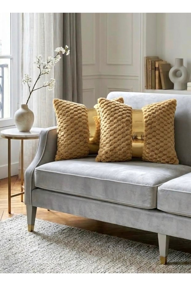 Set of 2 Double-Sided Luxury Diamond Pattern Pompom Cushion Covers - High Quality Welsoft Fabric with Gold Detail 50X37
