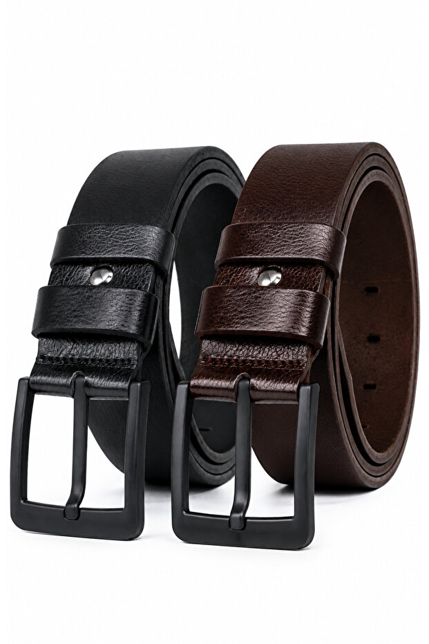 2 Pack Black Brown Men's Genuine Leather Black Buckle Men's Jeans Belt 4.5 cm Black-Brown