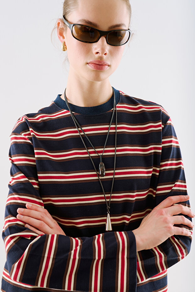 Striped Long Sleeve Regular Tshirt Navy Blue