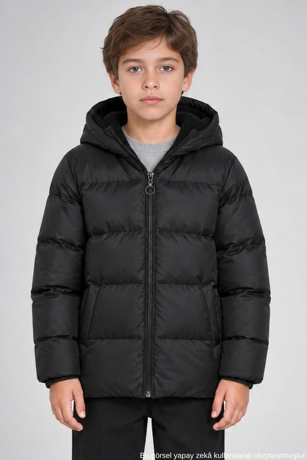 Boy's Black Fleece Fur Hooded Waterproof Wind Resistant Pocket Puffer Winter Coat