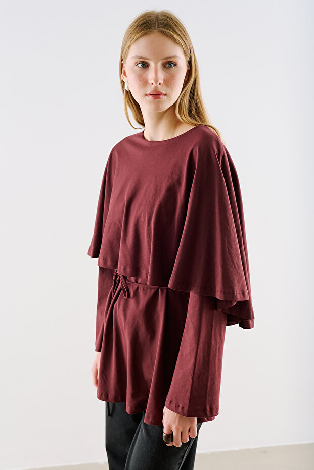 Cape-Style Belted Tunic Burgundy