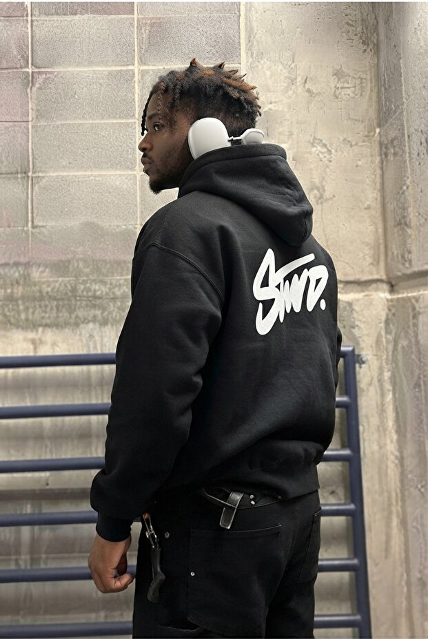Unisex Black Three Thread Signature Sweatshirt Cotton Hoodie