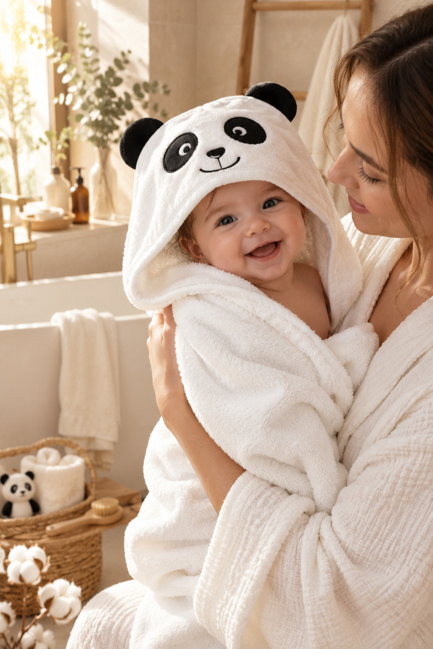 100% Cotton Baby Bath Towel with Cotton Pieces & Headgear - Panda Embroidered & Towel - Soft & Water Absorbent Gift