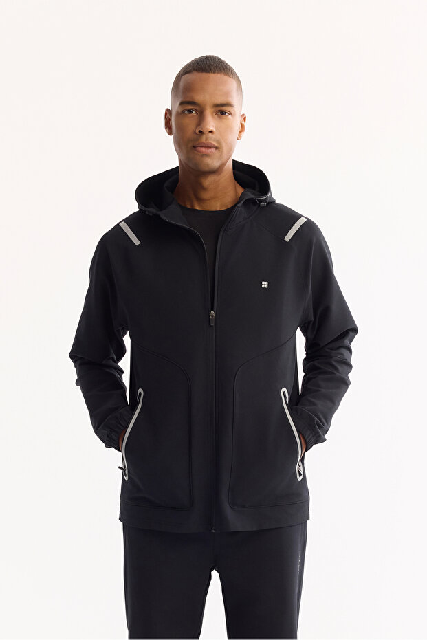 Men's Black Hooded Zippered Bi-Stretch Technical Fabric Regular Fit Sweatshirt A52Y1332