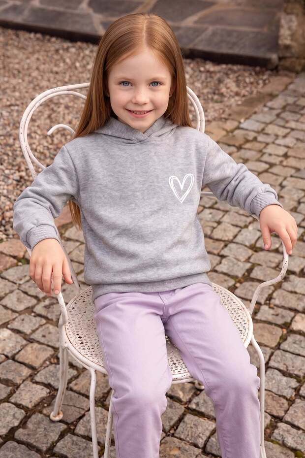 3 Thread Heart Printed Hooded Girls' Sweatshirt