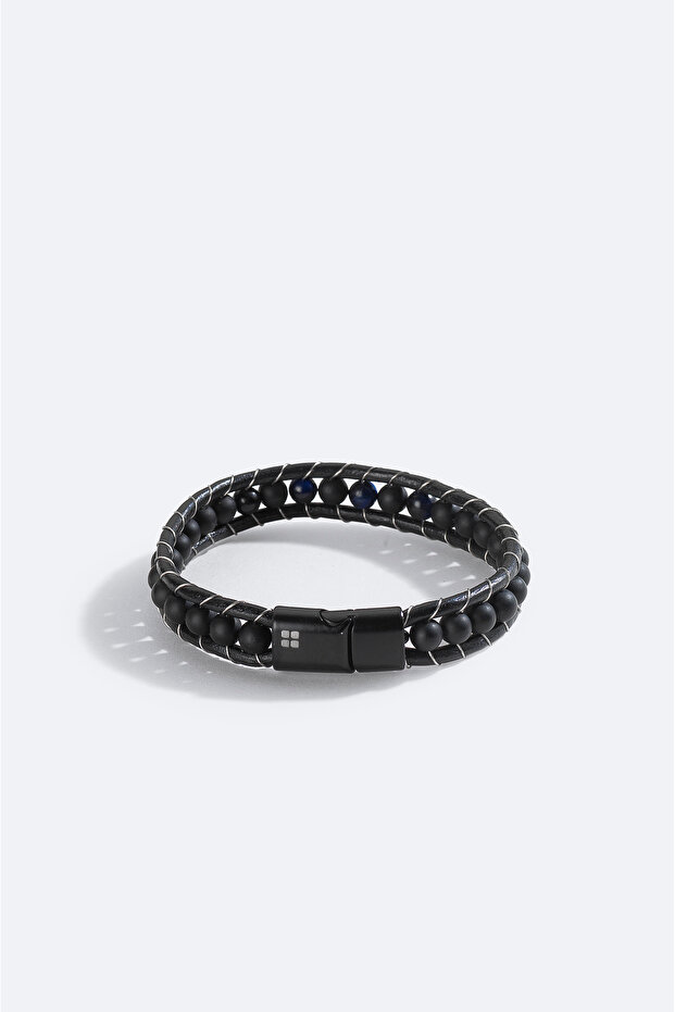 Men's Black 100% Leather Ceyt and Onyx Stone Leather Bracelet A51Y9619