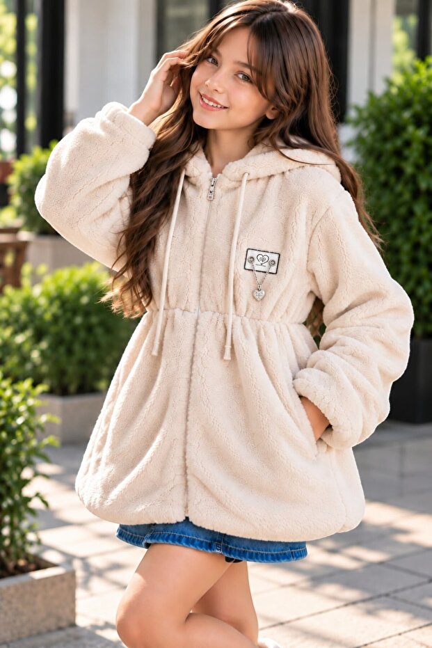 Girl's Embroidered Lined Beige Plush Jacket Coat, Size 1, You Can Choose One Size Larger