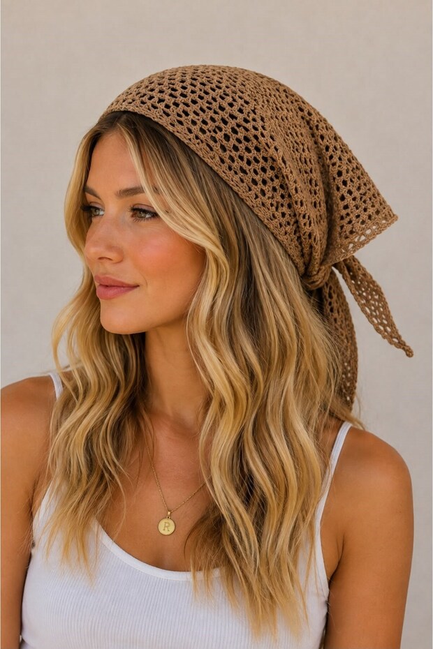 Milky Brown Knitted Textured Soft Form Tie-Dye Detailed Triangle Design Knitted Bandana