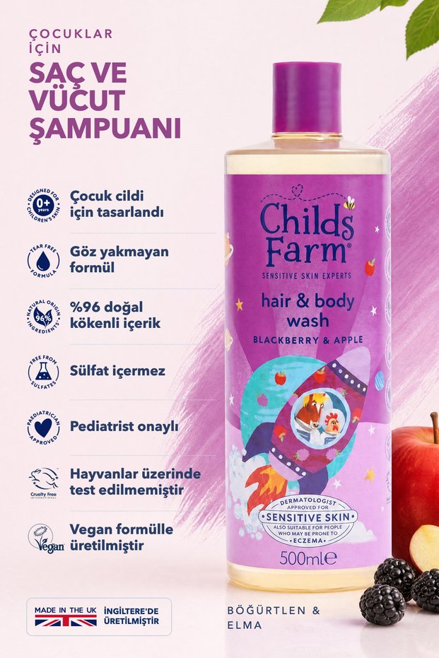 Children's Hair and Body Shampoo with Blackberry and Organic Apple Extract 500ml