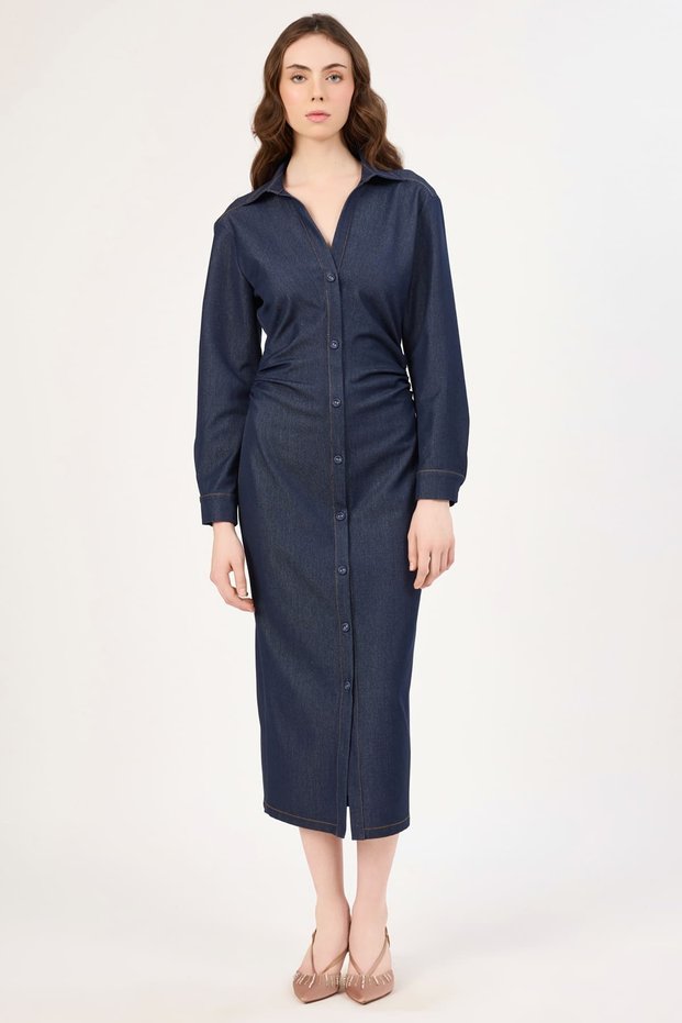 Denim Shirt Dress with Gathered Sides