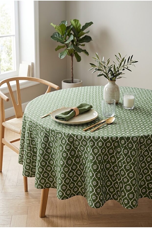Round Tablecloth Green Floral Quality Fabric Stain Resistant Picnic Tablecloth