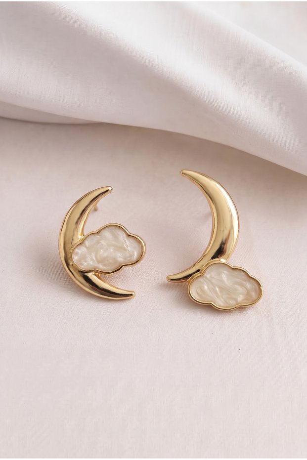 Gold Color Women's Earrings with Moon and Cloud Design
