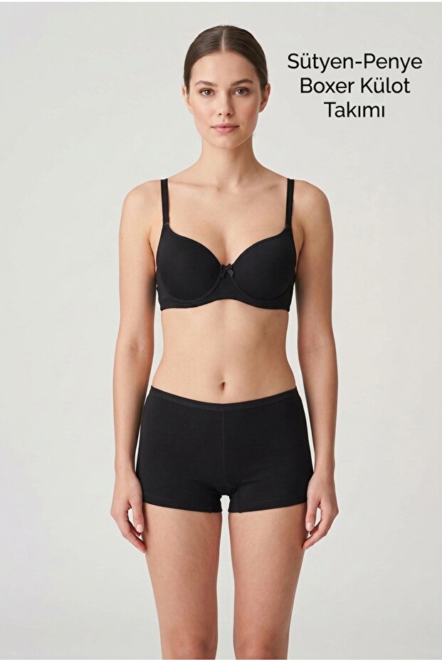 Women's Padded Support Underwire Bra and Combed Cotton Boxer Briefs Lingerie Set