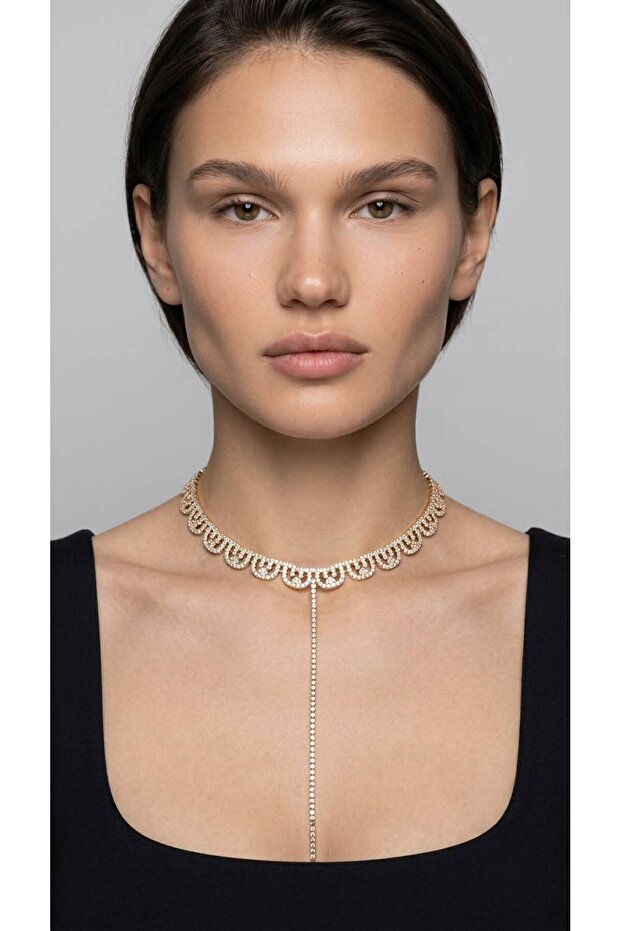 Special Design Shiny Gold Yellow Necktie Necklace with Zircon Stone Pendulum