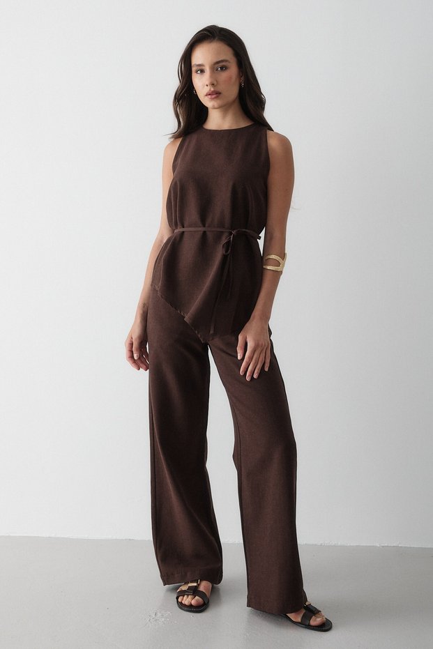 Women's Brown Linen Crew Neck Vest Belted Trousers Suit