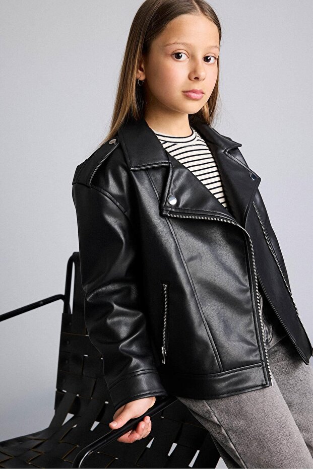 Water Repellent Waterproof Zippered Faux Leather Jacket Coat Girl Child C4976A824Au