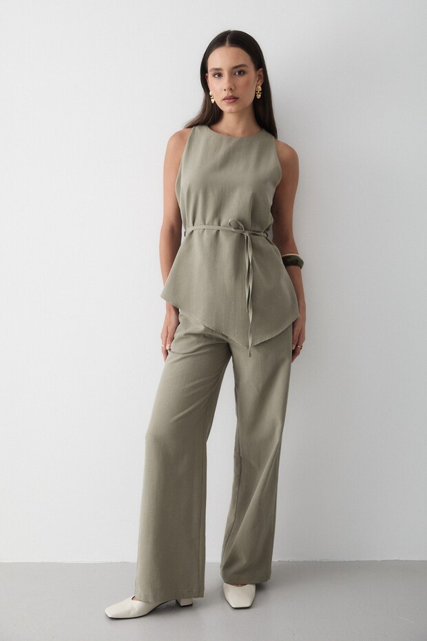 Women's Khaki Linen Crew Neck Vest Belted Pants Bottom & Top Set