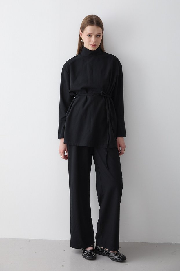 Women's Black Stand Collar Belted Tunic & Button Detailed Elastic Waist Pants Top & Bottom Set