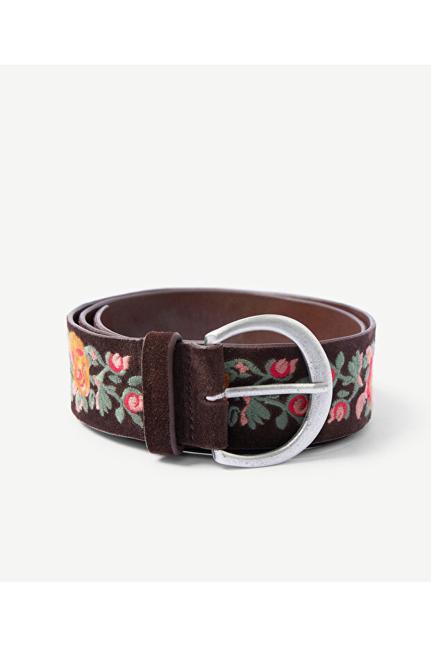 Suede Floral Embroidered Waist Belt
