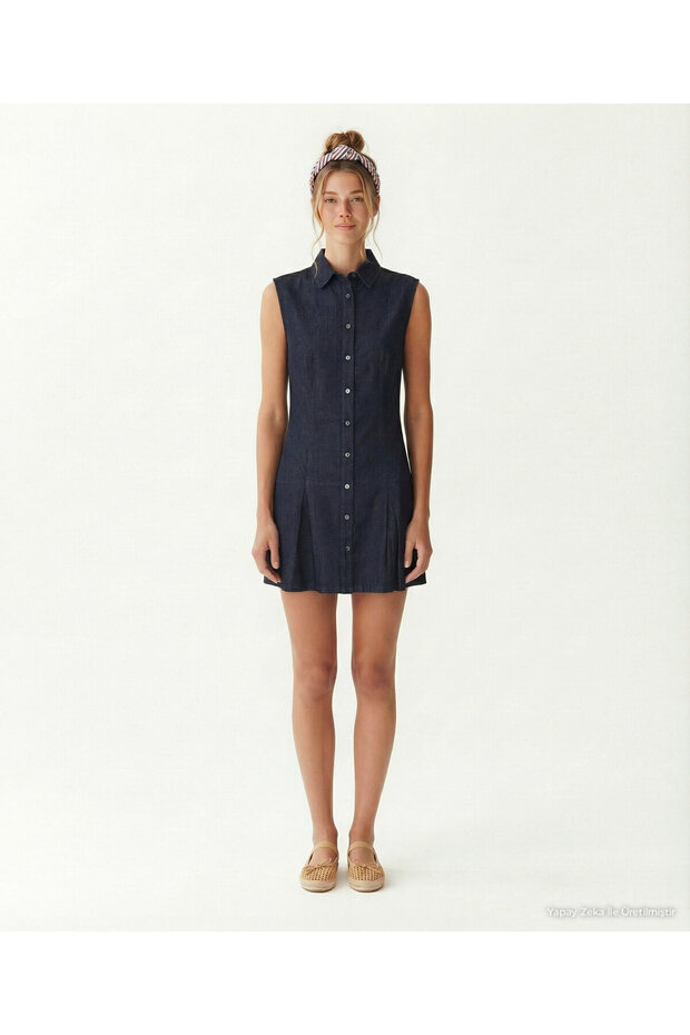 Slim Fit Shirt Collar Sleeveless Dress