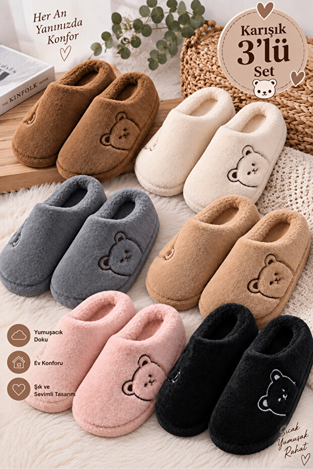 Set of 3 Women's Plush House Slippers Mixed - Soft Furry Winter House Slippers with Teddy Bear Pattern