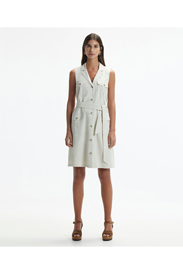 Pocket Detailed Belted Above Knee Dress